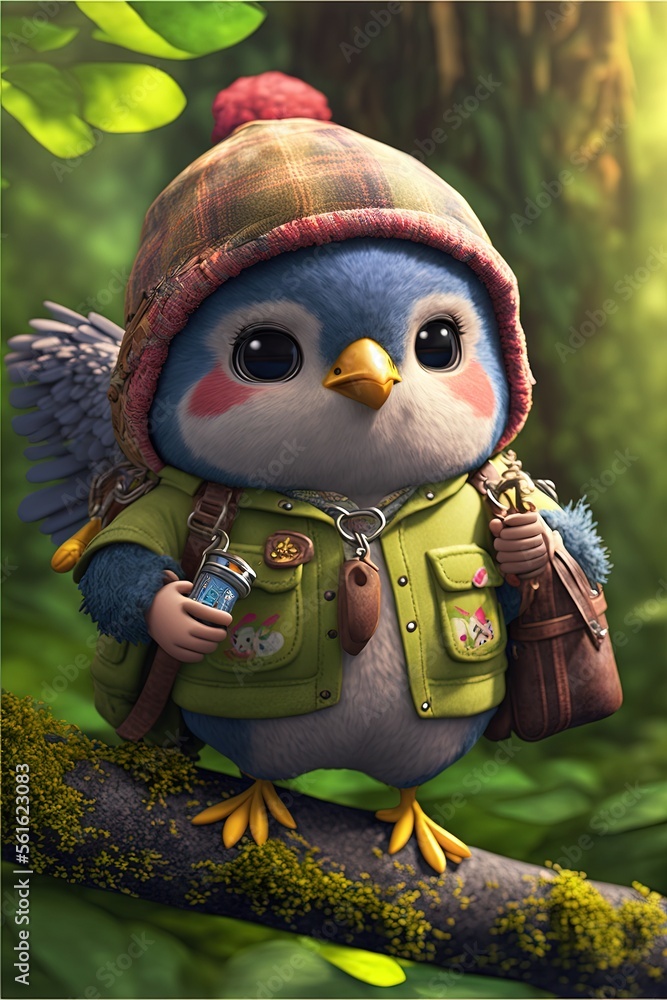 Poster a bird with a backpack and a backpack on a branch in the woods with a tree branch in the background 