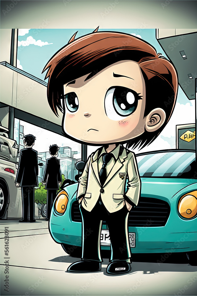 Poster a cartoon of a man standing next to a car in a parking lot with people in the background and a blue 
