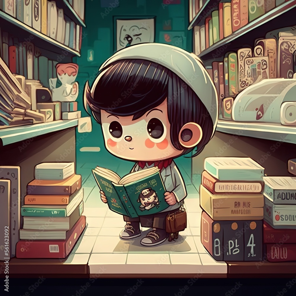 Poster a cartoon character is reading a book in a library with bookshelves and shelves full of books and bo