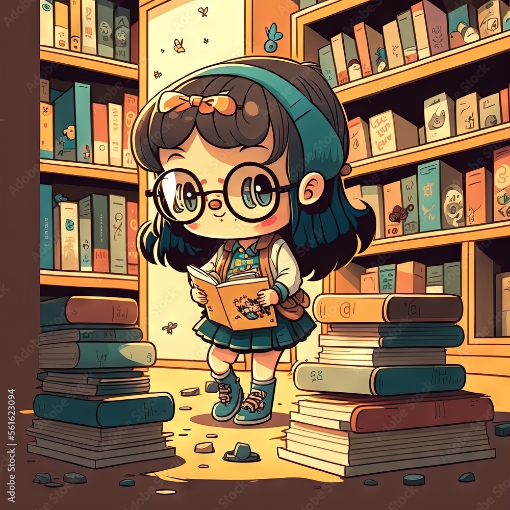 Aufkleber a girl reading a book in a library with stacks of books behind her and a bookcase full of books behi