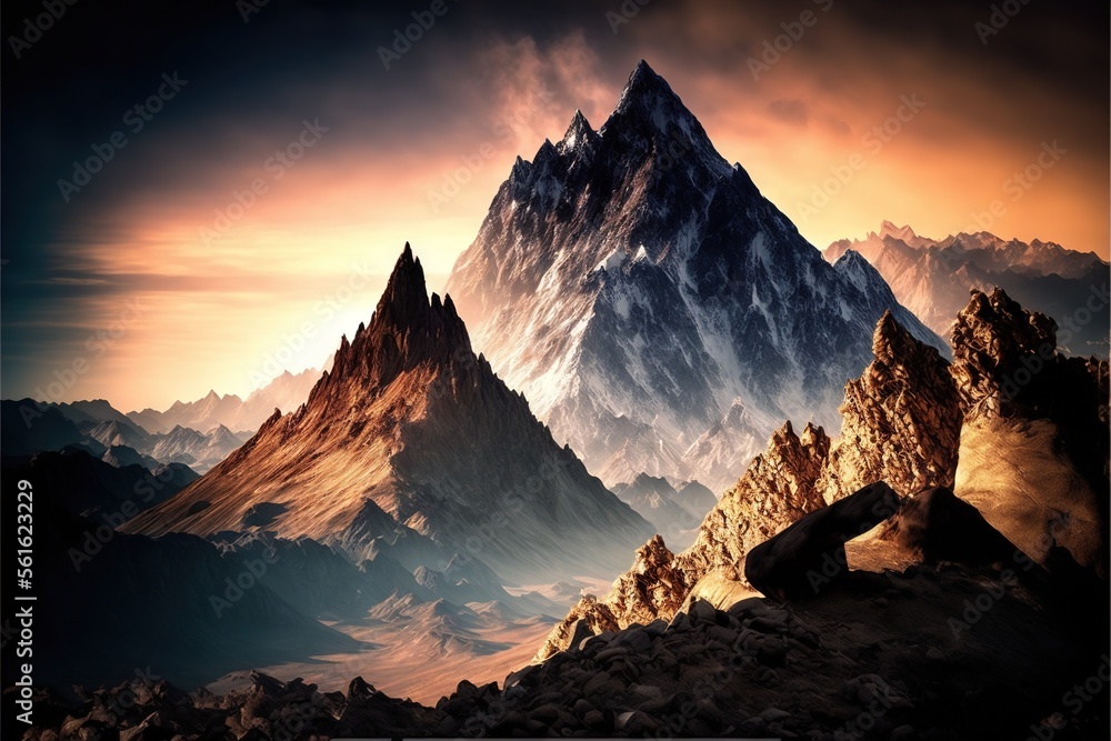Poster a mountain range with a sunset in the background and a computer screen showing a mountain range with