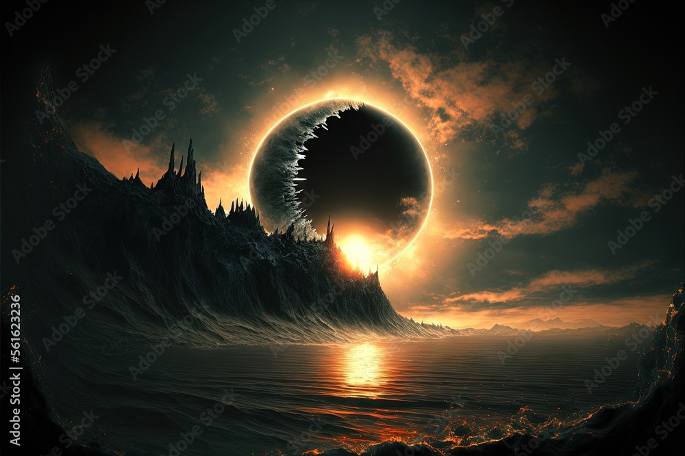 Poster a giant black object floating in the air over a body of water with a sunset in the background and a 