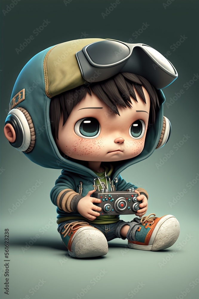 Poster a little boy with a camera sitting on the ground with a helmet on his head and a camera in his hand,