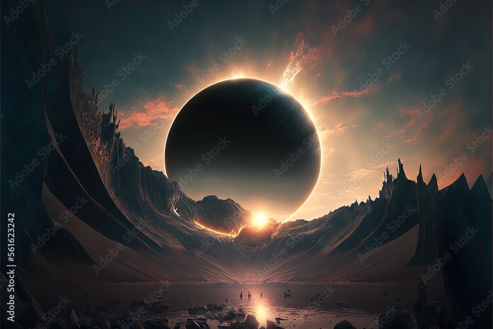 Poster a large black object in the sky with a sun in the background and a man standing in the water below i