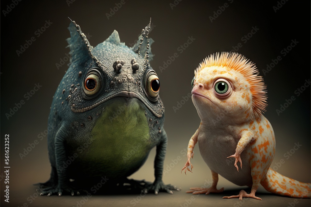 Poster a lizard and a gecko are facing each other in a surrealistic way, with one looking at the camera and