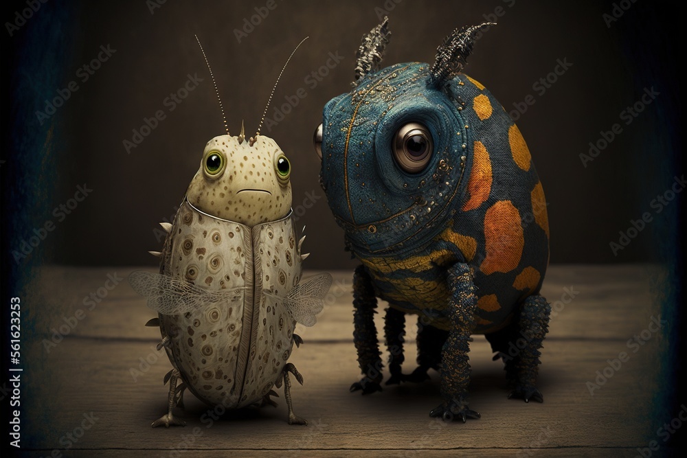 Poster a couple of small toy animals sitting next to each other on a table together, one of them is a bug a