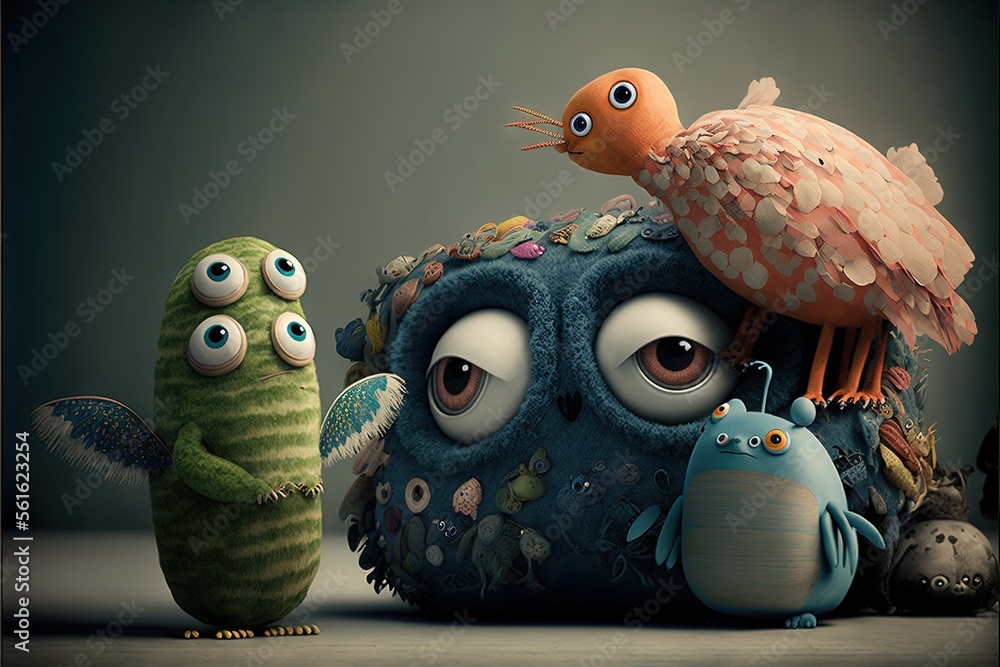 Poster a group of cartoon monsters with a bird on top of them, and a fish on top of them, all staring at th