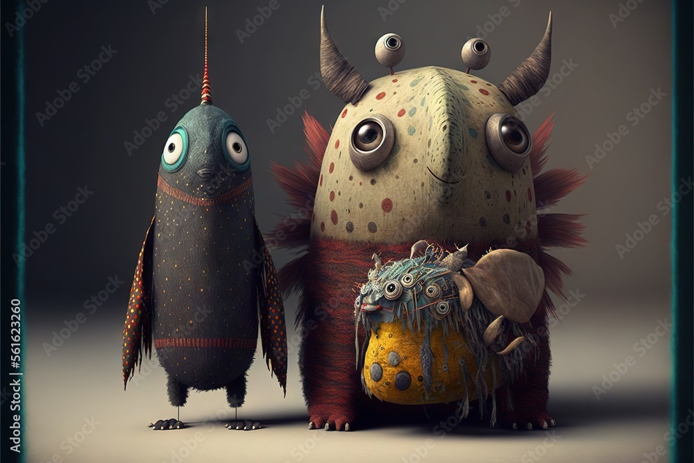 Poster a couple of strange looking monsters standing next to each other on a gray background with a black f