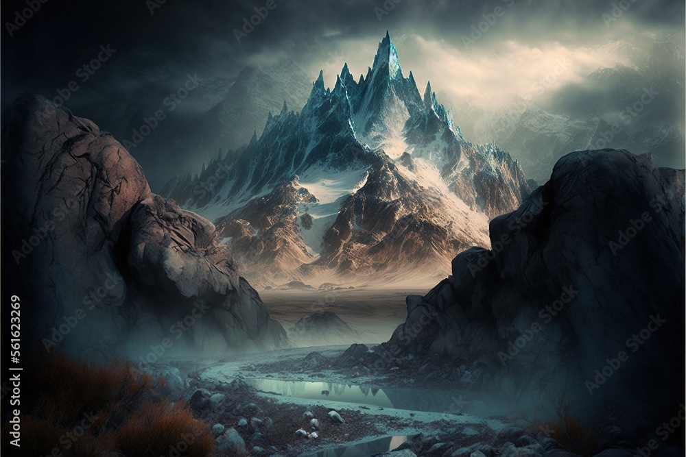 Poster a mountain range with a river in the foreground and a dark sky in the background with clouds in the 