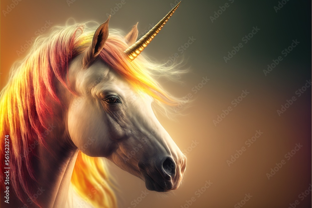 Poster a unicorn with a long mane and a red mane with a yellow tail and a black nose and a yellow backgroun