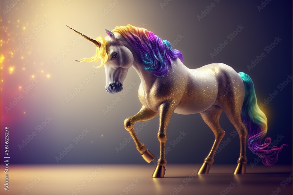 Aufkleber a unicorn with a rainbow mane and a blue tail standing on a floor with a light shining behind it and