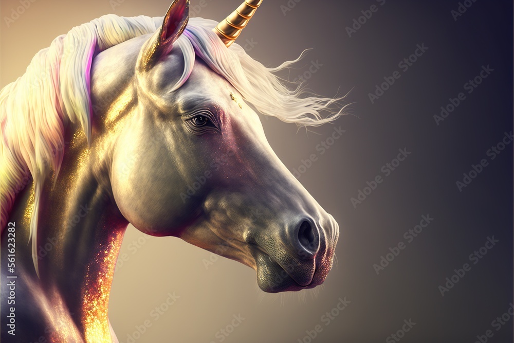 Poster a unicorn with a golden horn and a pink mane is shown in this digital painting style image of a unic