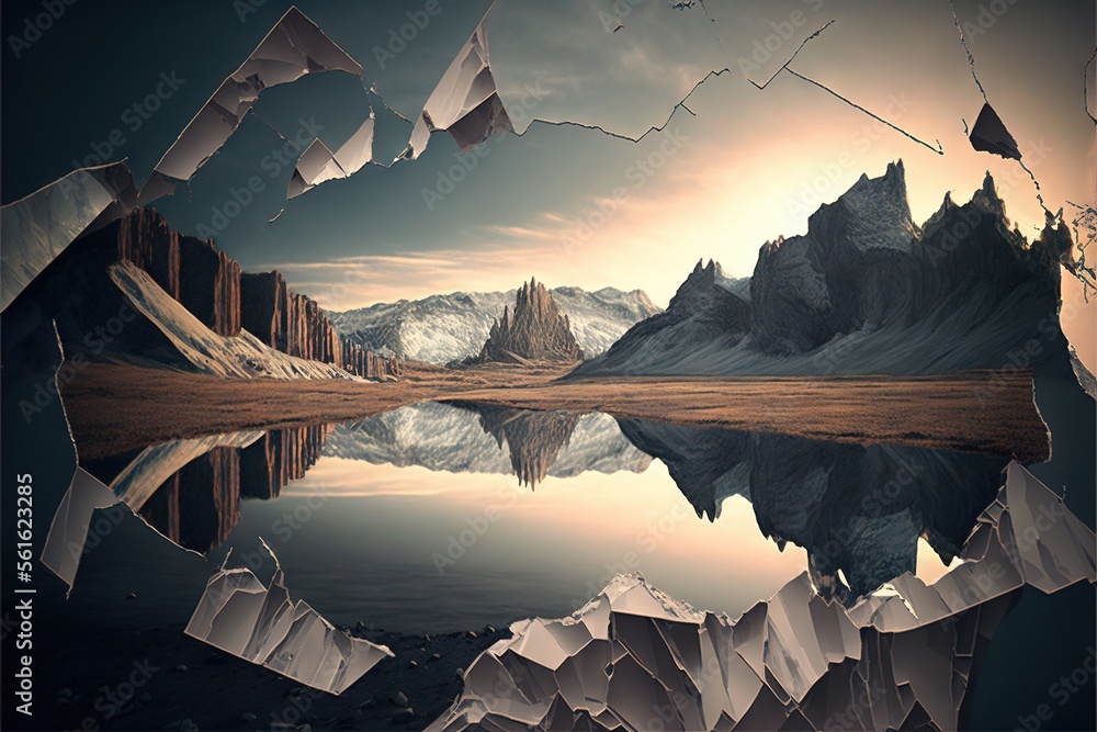 Poster a mountain range with a lake surrounded by mountains and a sky background with clouds and a few moun