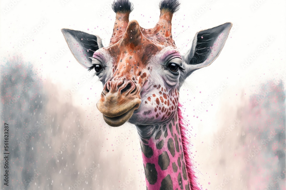 Poster a giraffe with a pink and black pattern on its face and neck, standing in the rain with trees in the