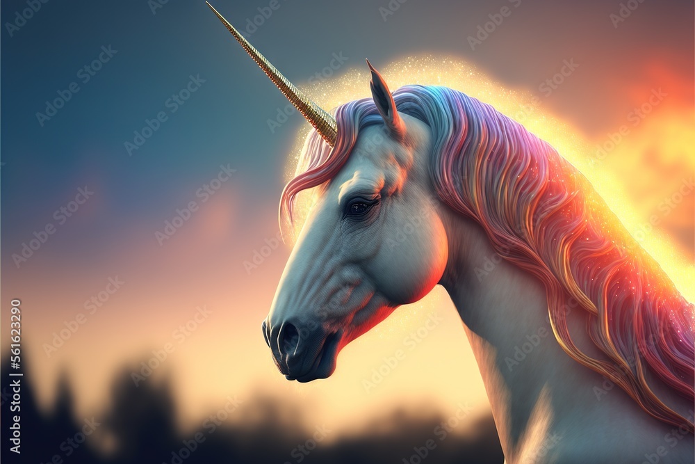 Poster a unicorn with a long horn and a rainbow mane is shown in front of a sunset sky with trees and cloud