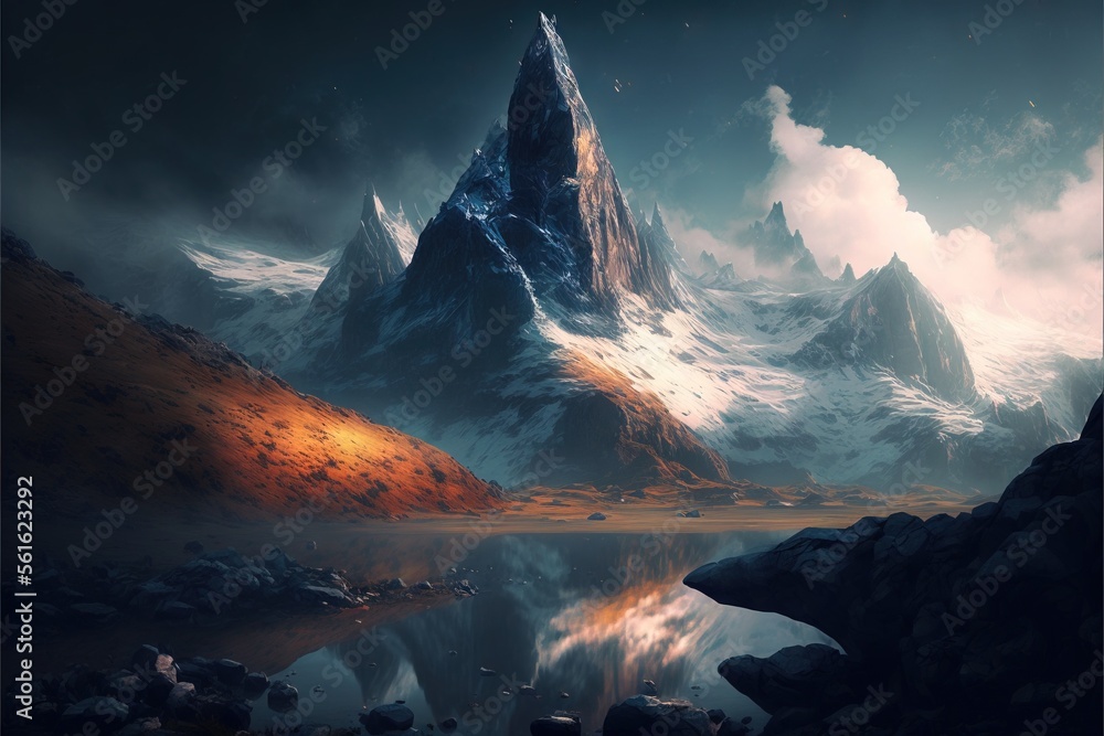 Poster a mountain with a lake in front of it and a sky filled with clouds above it and a mountain range in 