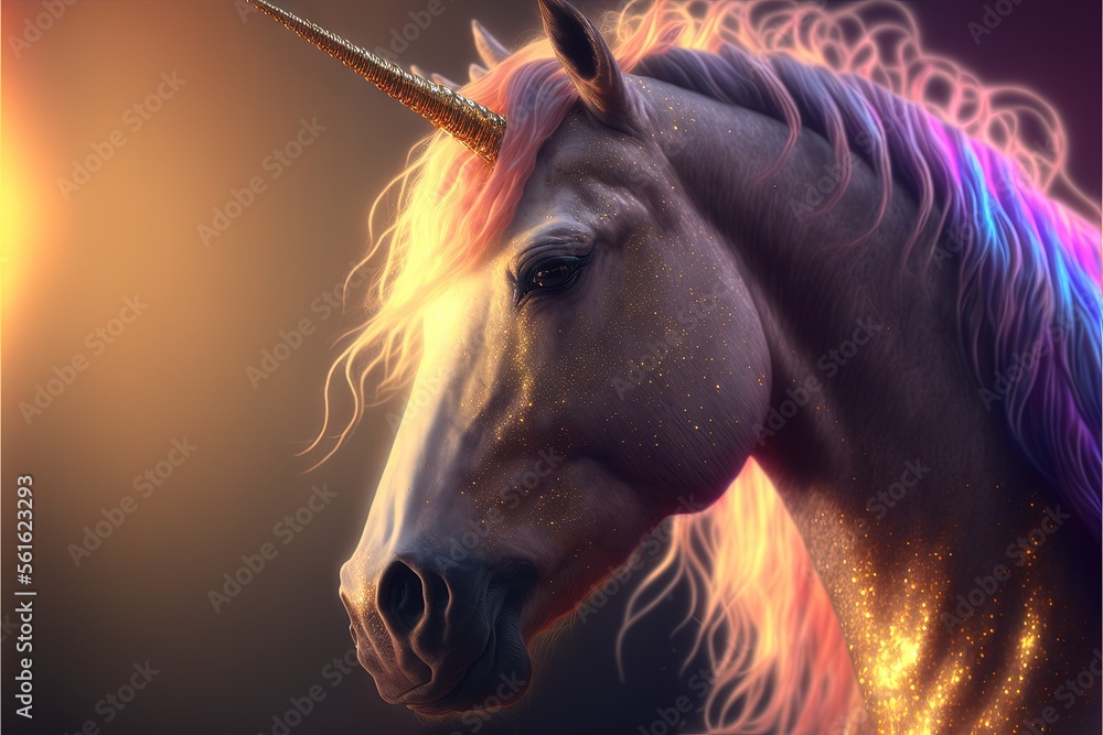 Poster a unicorn with a long mane and a rainbow tail is shown in this digital painting style image with a b
