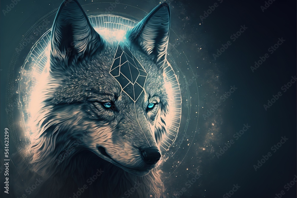 Poster a wolf with blue eyes and a star in the background with a circle of stars in the middle of the image