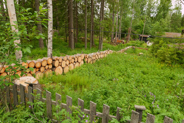 Holzzaun aus abgesägten Baumstämmen an einem verwilderten Grundstück am Waldesrand. Gesehen auf...
