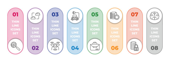 artificial intellegence infographic element with outline icons and 8 step or option. artificial intellegence icons such as detection, mind transfer, unmanned aerial vehicle, solar energy car,