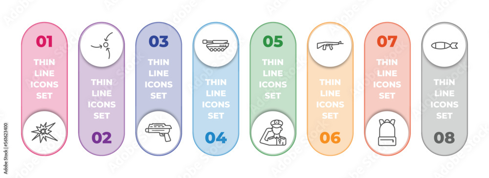 Poster army and war infographic element with outline icons and 8 step or option. army and war icons such as