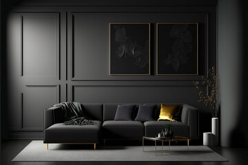 Black interior modern classic. A large black sofa, a sofa in expensive fabric, a green houseplant. Black dark room. AI