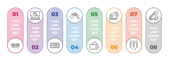 airport terminal infographic element with outline icons and 8 step or option. airport terminal icons such as air company, waiting for flight, terminal watch, key with key chain, purse with bill, two