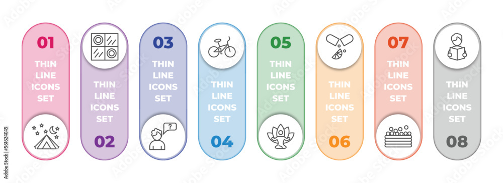 Aufkleber activity and hobbies infographic element with outline icons and 8 step or option. activity and hobbi