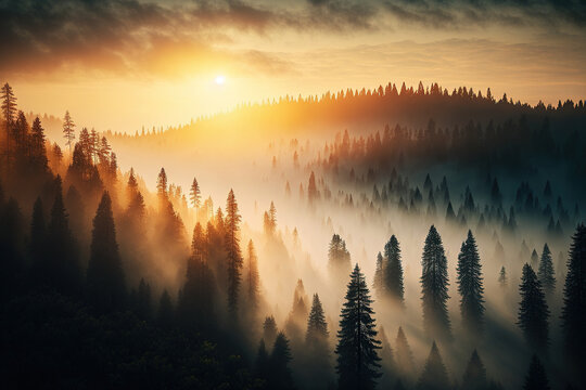 Foggy forest at a beautiful sunset, top view, mountains, fog, sunset, aerial photography. Fantasy forest landscape. AI
