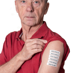 Senior adult man showing all the Covid and flu shots or vaccinations in his shoulder during the pandemic