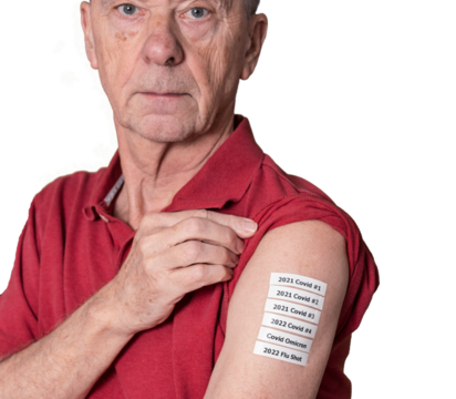 Senior adult man showing all the Covid and flu shots or vaccinations in his shoulder during the pandemic