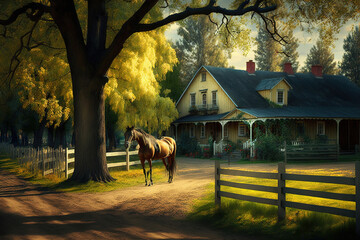 Country ranch, big wooden house, horse paddock, big trees. Fantasy landscape. AI - obrazy, fototapety, plakaty
