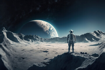 astronaut standing on the moon looking at earth, art illustration 