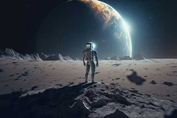 Fototapeta na wymiar astronaut standing on the moon looking at earth, art illustration 