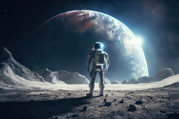 astronaut standing on the moon looking at earth, art illustration © vvalentine
