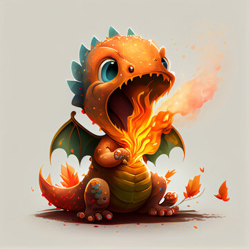 Cute cartoon baby dragon burping fire generative ai