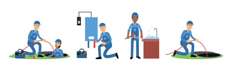 Professional Man Plumber Character in Blue Overalls Repairing and Fixing Equipment Vector Set