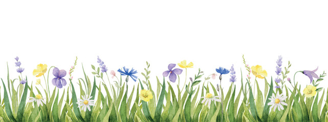 Watercolor vector seamless border with green grass and wildflowers.