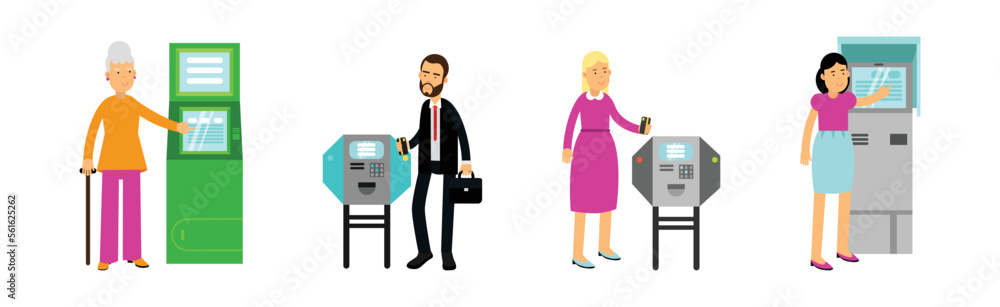 Poster people characters at atm machine making payment and getting cash vector set
