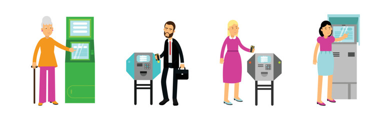 Fototapeta premium People Characters at ATM Machine Making Payment and Getting Cash Vector Set