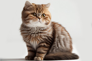 Portrait of a cute brown tabby British Shorthair brown cat on white background isolated, closeup cat photo. A beautiful cat photo for advertises.