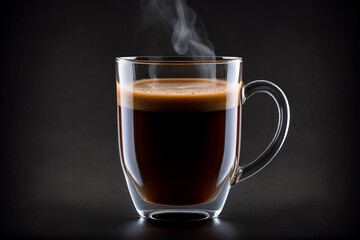 Close up shot of hot espresso coffee glass on white background. Glass of coffee with pouring and foam coffee.