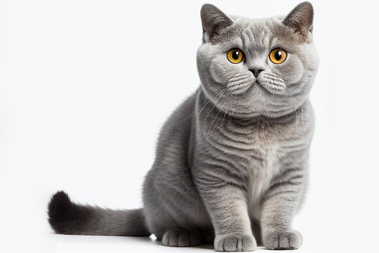 Portrait of a cute silver tabby British Shorthair grey cat on white background isolated, closeup cat photo. A beautiful cat photo for advertises.