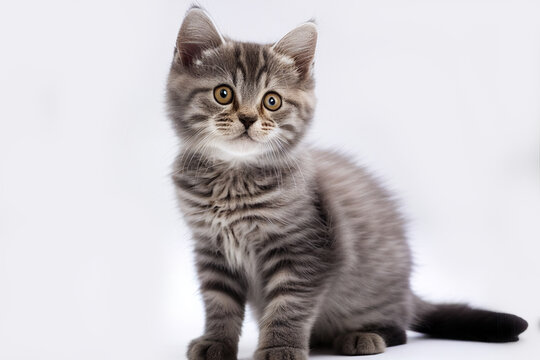 Portrait of a cute kitten tabby cat on white background isolated, closeup cat photo. A beautiful cat photo for advertises.