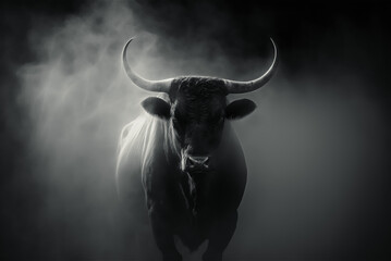 bull emerges from the fog in the dark. Generative AI

