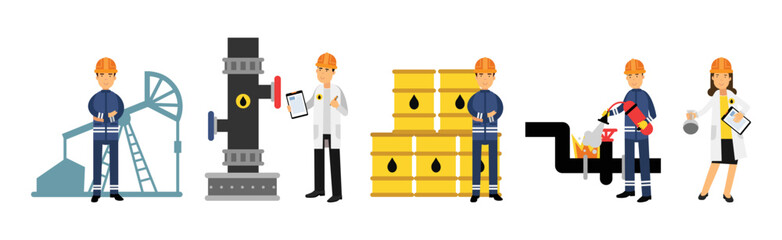 Oil Industry Worker Engaged in Maintenance and Technical Inspection Vector Set