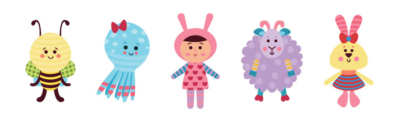 Sewed Stuffed or Fluffy Toys with Animal and Doll Vector Set