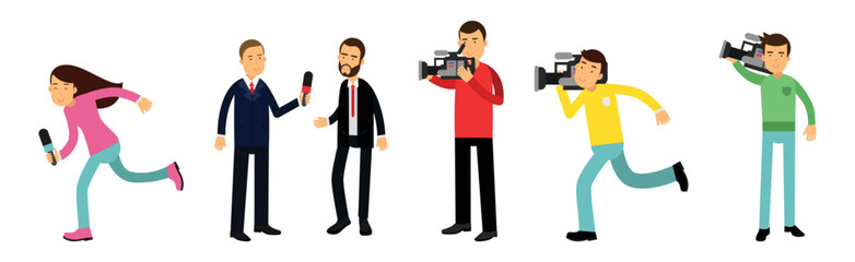 News Program Crew Of Professional Cameraman and Journalists Creating TV Broadcast Vector Set