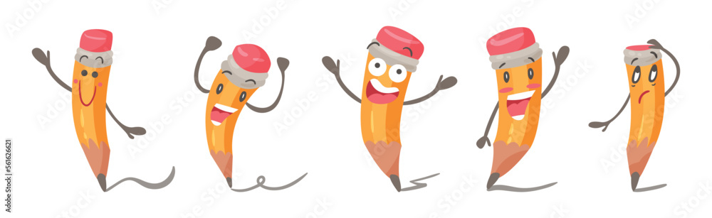 Poster funny pencil character with face and arms drawing line with graphite end vector set