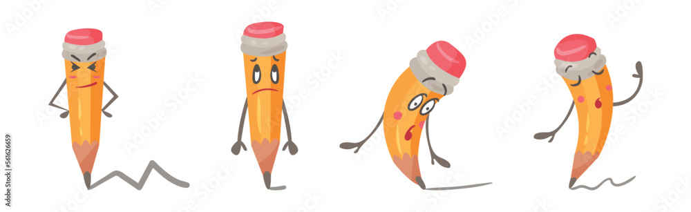 Poster funny pencil character with face and arms drawing line with graphite end vector set